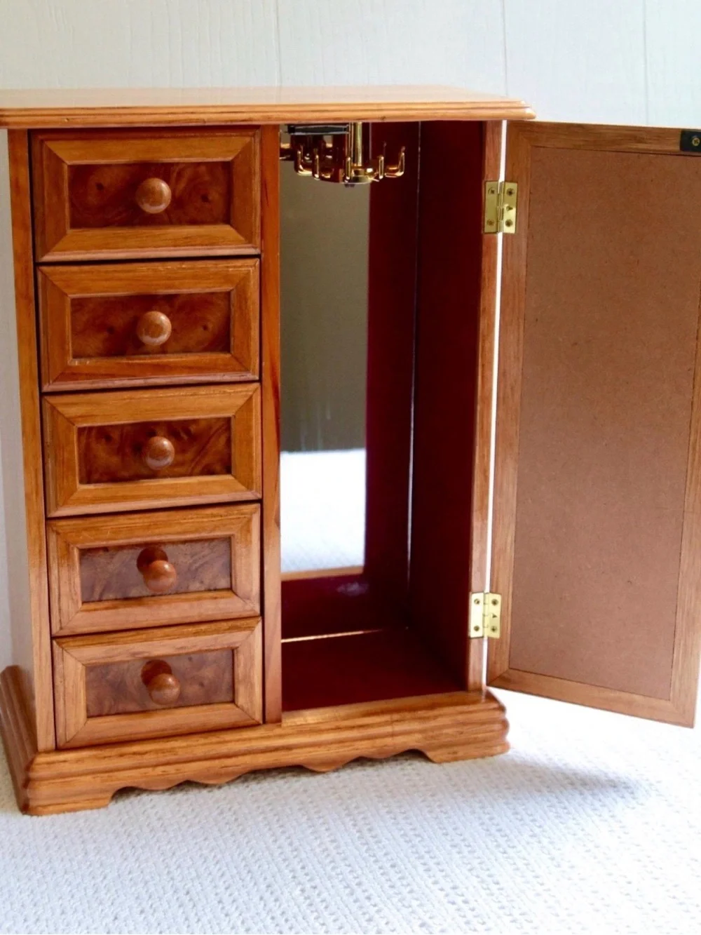 Large vintage wooden jewelry box armoire mirror drawers storage Retro organizer